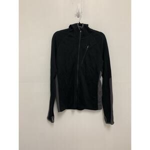 Ibex Black Hooded Full Zip Up 100% Merino Wool Jacket with Thumb Holes Size L